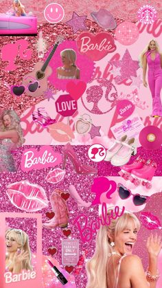 barbie doll collage with pink glitter, hearts and other things on the wall behind it