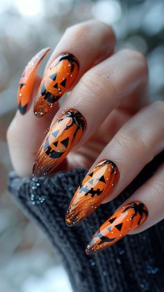 Halloween Nails Pumpkin, Halloween Nails Orange, Halloween Pumpkin Nails, Zombie Nails, Scarecrows Nails, Candy Corn Nails, Pumpkin Nail, Silk Wrap Nails, Evil Eye Nails