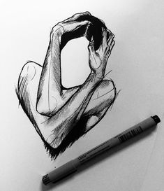 a black and white drawing of a man holding his hands behind his head with one hand