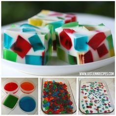 several pictures of different colored jellos on a plate and in the process of making them