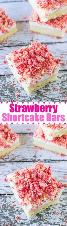 strawberry shortcake bars with white frosting and sprinkles on the top