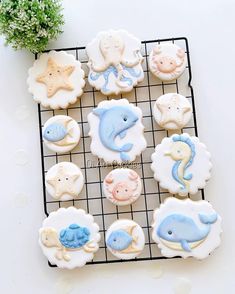 some cookies are on a cooling rack with sea animals and stars in the top right corner