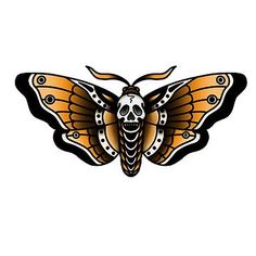 a butterfly with skull on it's wings is shown in black and orange colors