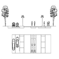 an architectural drawing shows the different levels of parking spaces in front of trees and parked cars