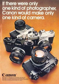 an advertisement for the canon camera, with three different types of cameras in front of it