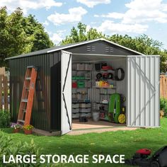 a large storage space in the middle of a yard with a ladder and tools on it