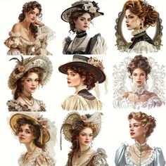 several pictures of women wearing hats and gowns in different styles, from the victorian era to the early nineteenth century