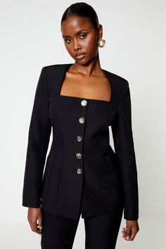 Square Neck Hammered Button Peplum Jacket Casual Work Jacket Women, Bespoke Outfit Women, Classy Suits For Women, Square Neck Suit, Tailored Outfits For Women, Corporate Casual Women, Women Coat Suit, Feminine Suits, Feminine Work Outfit