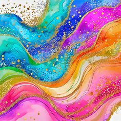 an abstract painting with lots of colors and gold sprinkles on white paper