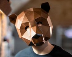 a person wearing a brown paper bear mask