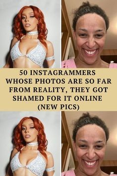 four photos of a woman with red hair and bras smiling at the camera, text reads 50 instagrammers whose photos are so far from reality really, they got shameed for it online new pics