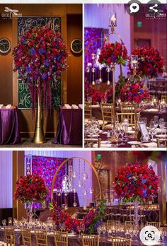 the table is set up with red flowers and purple cloths on it, along with tall centerpieces