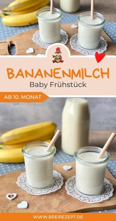 banana milk in jars with straws on the table