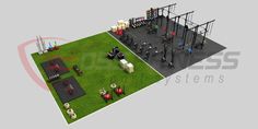 an overhead view of a gym with equipment and grass area in the foreground,