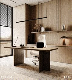 an office desk with a laptop on it in the middle of a room that has wooden shelves and shelving