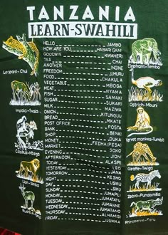 a green t - shirt with an image of different animals and their names on it