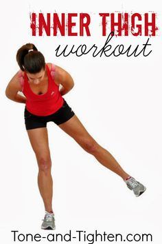 a woman in red shirt and black shorts doing an exercise with the words inner thigh workout