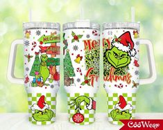 the grinch christmas travel mugs with matching lids are on display in front of a green and white background