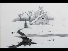 a drawing of a farm in the snow with a barn and stream running through it