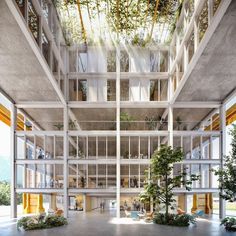 the inside of a large building with lots of windows and plants growing on the ceiling