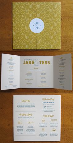 the wedding stationery is laid out on top of each other