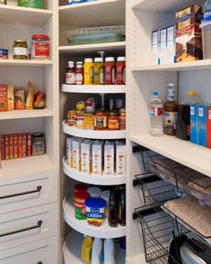 an organized pantry with lots of food in it