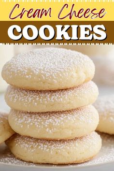 a stack of cream cheese cookies sitting on top of a white plate