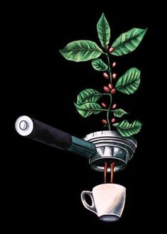 a painting of a coffee cup with beans on it and a plant in the middle