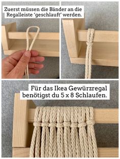 instructions to make a rope door handle for a cabinet or shelf with wood and rope