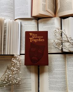 an open book sitting on top of a pile of books next to some dried flowers