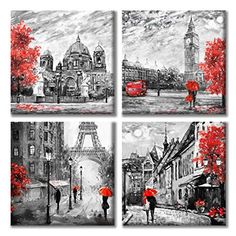 four paintings of people with red umbrellas in the rain, one is holding an umbrella