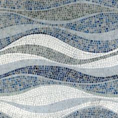 an artistic mosaic tile design with waves in blue and white