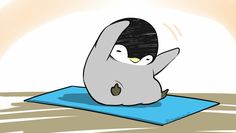 a cartoon penguin is doing yoga on a mat with his arms up in the air