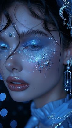 Eye Makeup Mermaid, Night Inspired Makeup, Space Themed Eye Makeup, Blue Celestial Makeup, Celestial Fairy Makeup, Moon Face Makeup, Blue Galaxy Makeup, Rain Makeup Look, Mystical Makeup Looks