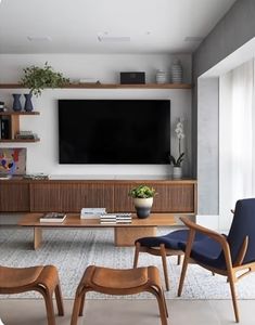 a living room with two chairs and a television mounted on the wall in front of it