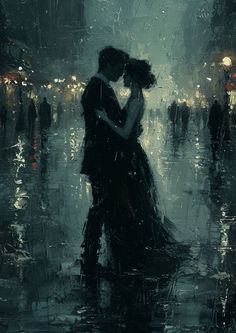 a painting of a couple kissing in the rain