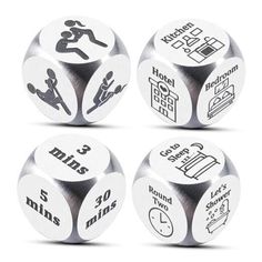 four metal dices with different types of logos on them, all in various shapes and sizes