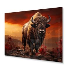 a bison standing in the middle of a field with red flowers under a cloudy sky