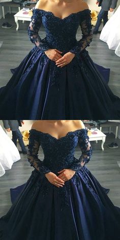 Vestido azul escuro Long Sleeve Ball Gown With Sweep Train For Banquet, Long Sleeve Ball Gown With Fitted Bodice For Prom, Long Sleeve Prom Ball Gown With Sweep Train, Prom Season Gown With Lace Sleeves And Long Sleeve, Long Sleeve Gown With Lace Sleeves For Prom Season, Midnight Blue Prom Dresses, Navy Blue Wedding Dress, Wedding Dresses Off Shoulder, Wedding Dress Tea Length