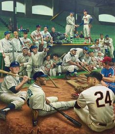 a painting of a baseball game with players and umpires