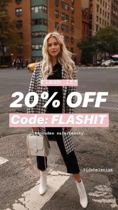 a woman in black and white checkered coat on the street with text that reads 20 % off code flashit