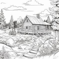 a drawing of a cabin in the woods with stairs leading up to it and trees around