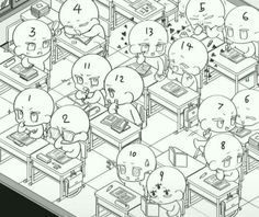 cartoon characters are sitting at desks with numbers on their faces and in the middle