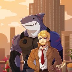 a man in a suit and tie standing next to a shark with his hands on his hips