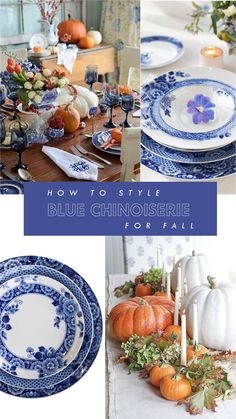 blue and white plates with pumpkins on them are arranged in the centerpiece for this fall table setting