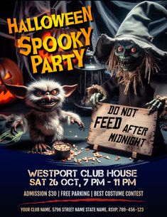 halloween spooky party flyer with two creepy monsters and a sign that says, don't feed after midnight