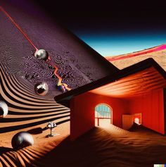 an image of a house in the desert with balls on it's roof and walls