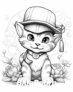 a drawing of a cat wearing a hat and sitting on the ground with roses around it