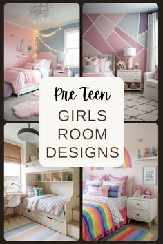 girls'room designs with pink and blue walls, rainbow rugs and bedding