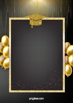 a graduation cap on top of a black background with gold balloons and confetti